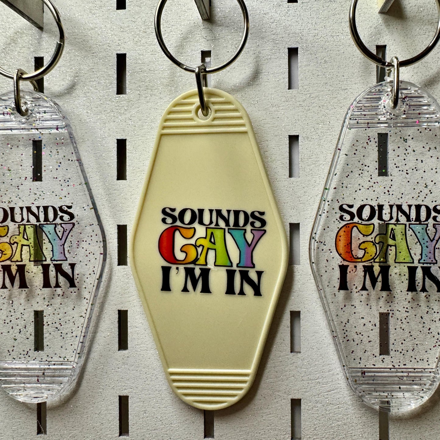 Sounds Gay I'm in - Cream or Clear Glitter Motel keyring