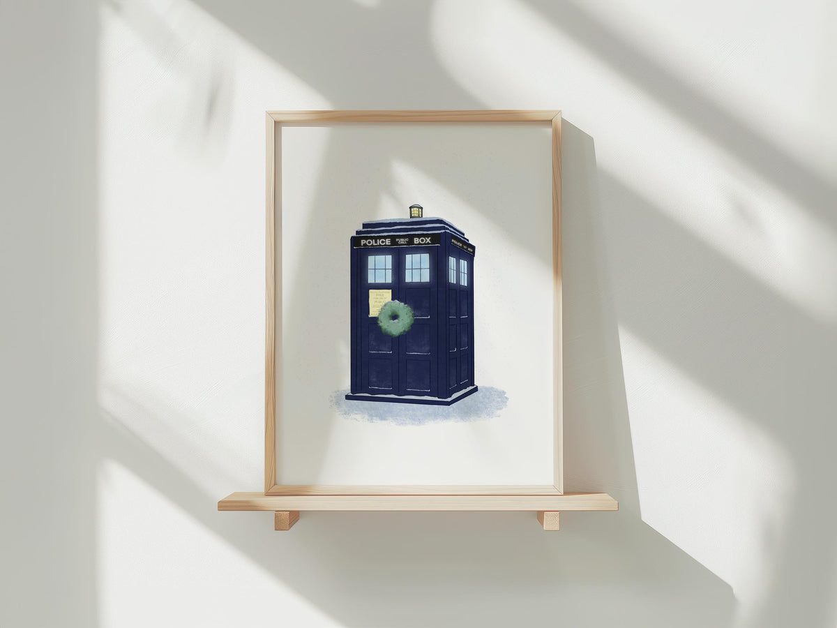 Christmas Tardis in the snow with wreath - A4 print