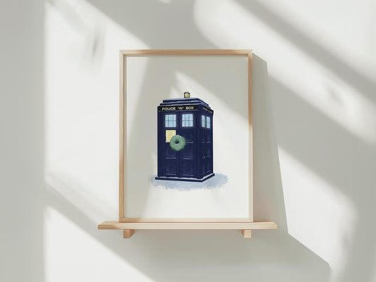 Christmas Tardis in the snow with wreath - A4 print