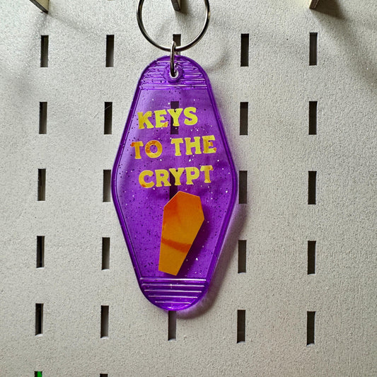 Keys to the crypt - Purple glitter funny motel style keychain