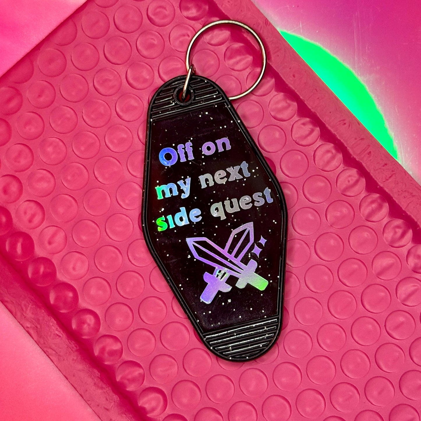 Off on my next side quest - Glitter Black Motel Keychain